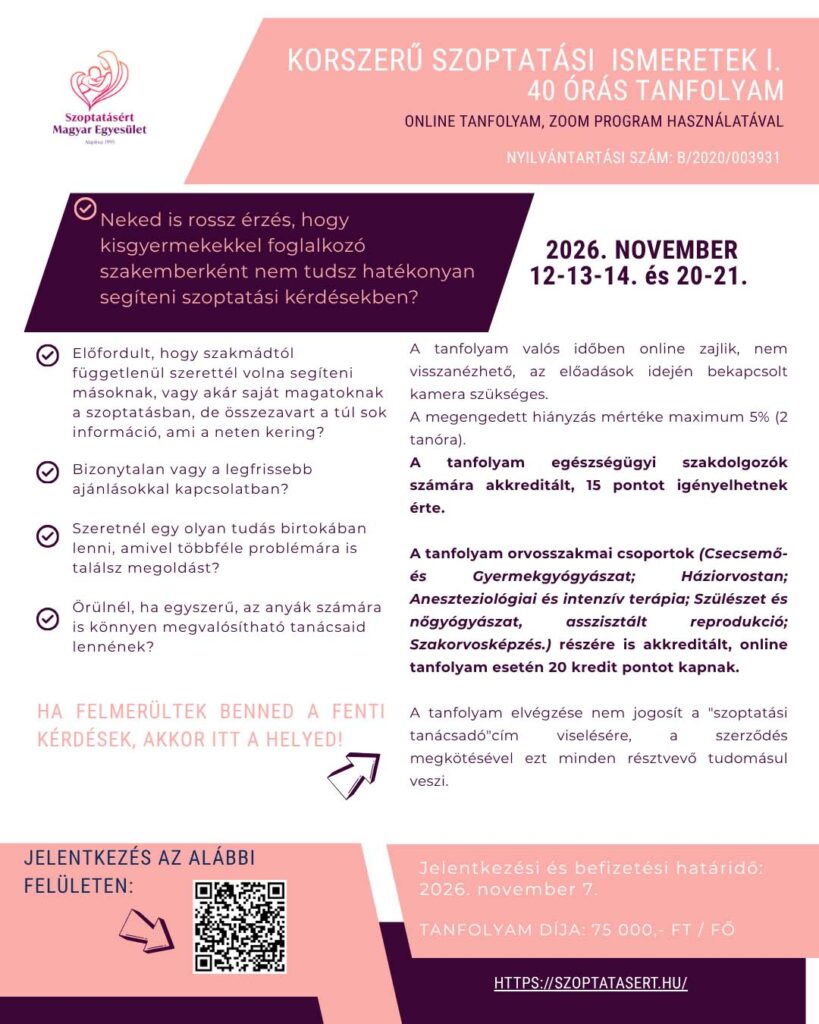Korszerű szoptatási ismeretek (KSZI) I. 40 órás tanfolyam – online